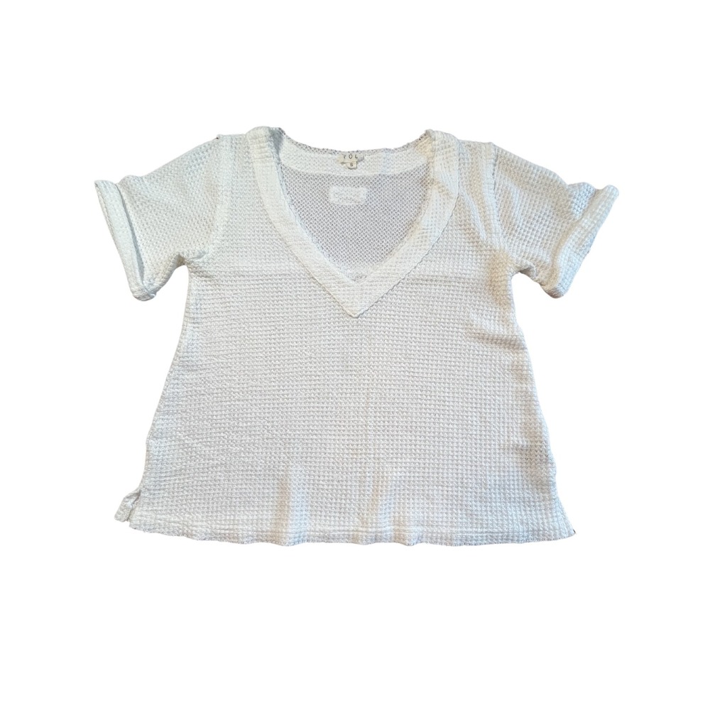 POL White‎ Waffle Knit V-Neck Short Sleeve Sweater Tee Size S Relaxed Fit FKT354